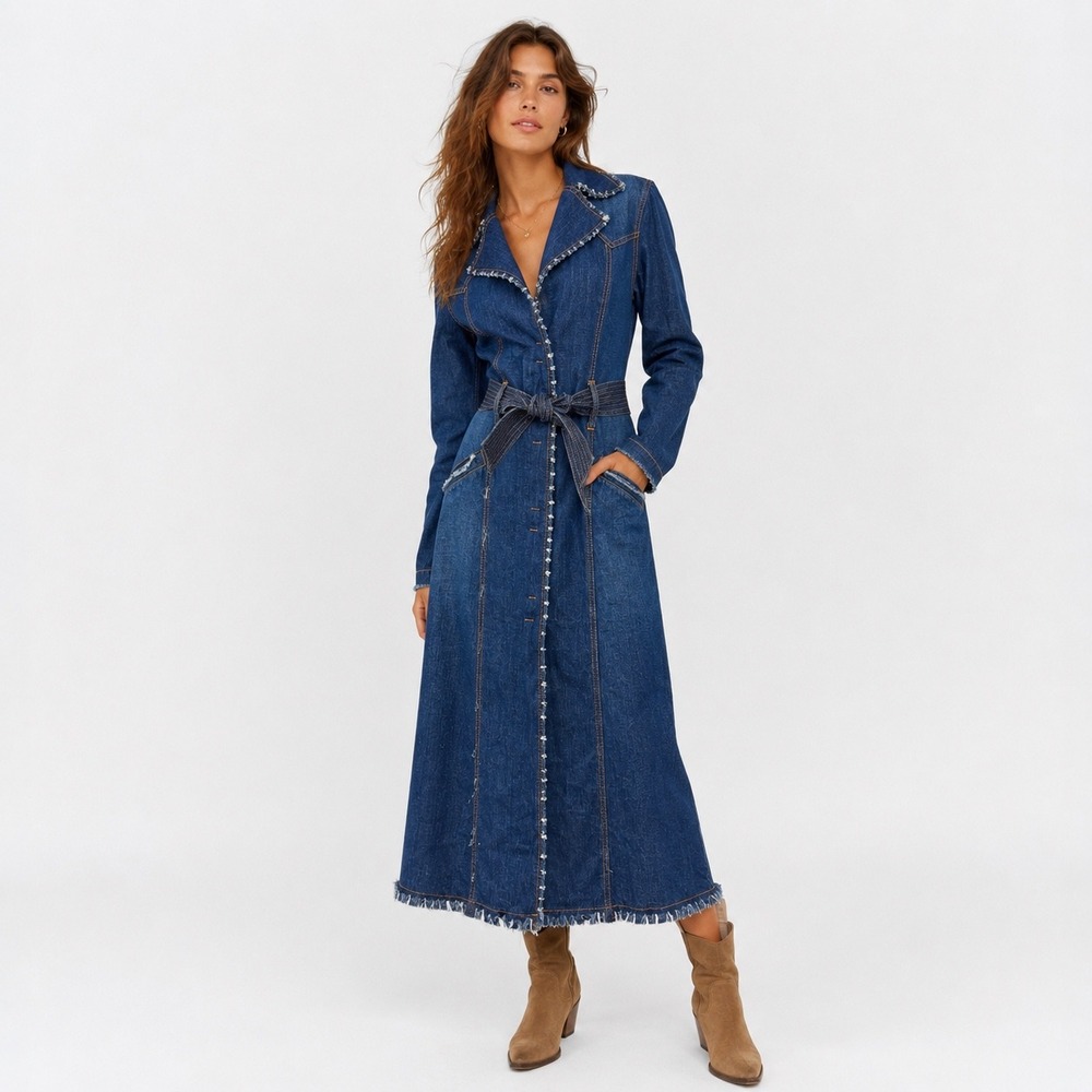 Vintage Y2K Denim Trench Coat Womens Small Frayed Belted Western Boho Duster